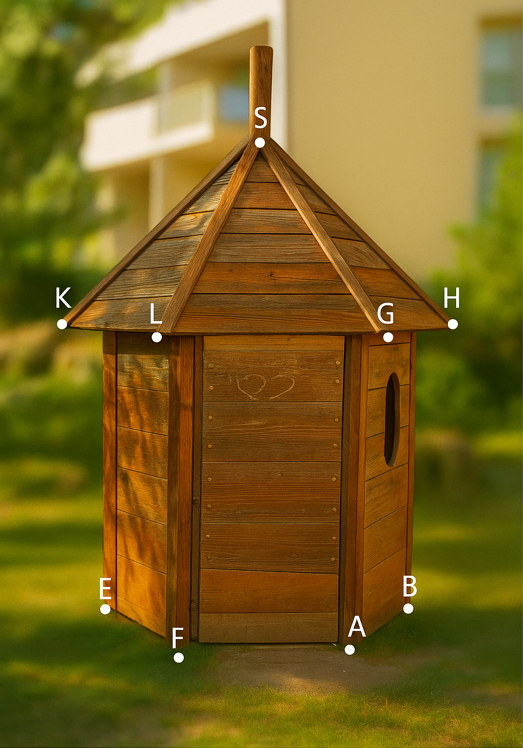 Holzspielhaus im Garten mit Satteldach und Fenster, umgeben von grünem Gras und Bäumen.